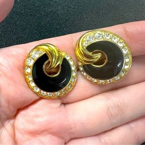 TRIFARI Modern Chic‎ Black Gold Swivel & Rhinestones Clip-on Button Earrings Vtg